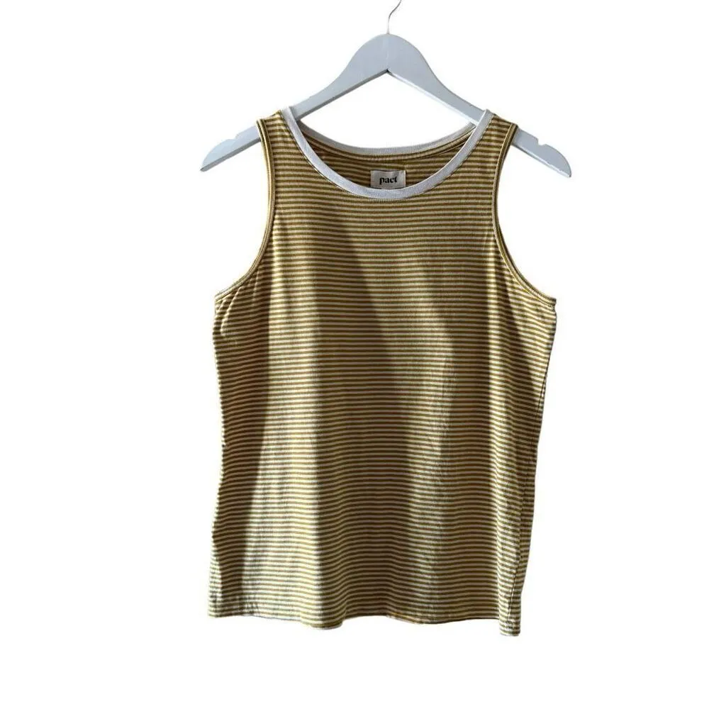 Pact Softspun Striped Crew Neck Organic Cotton Tank Mustard White SZ S #2133 - Image 3