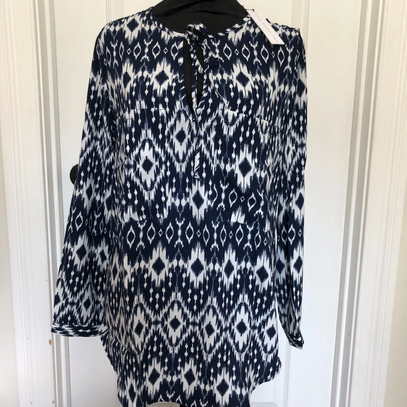 Three Eighty Two Womens Dress S Blue Long Sleeve Tie Neck Back‎ Boho NWT - Image 3