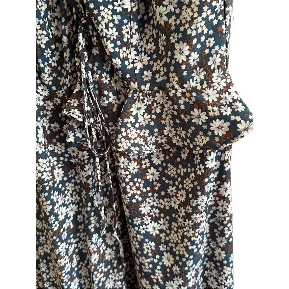GIANNI BINI DITZY FLORAL PEPLUM CROSS BACK MAXI DRESS WHITE & BLUE SZ M - Image 3