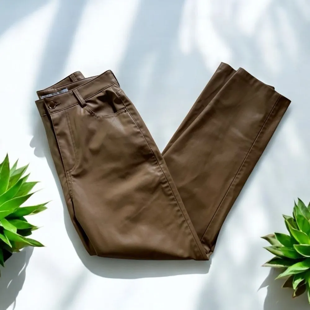 Zara High-Waisted Faux Leather Mom Fit Pants in Camel - Image 5