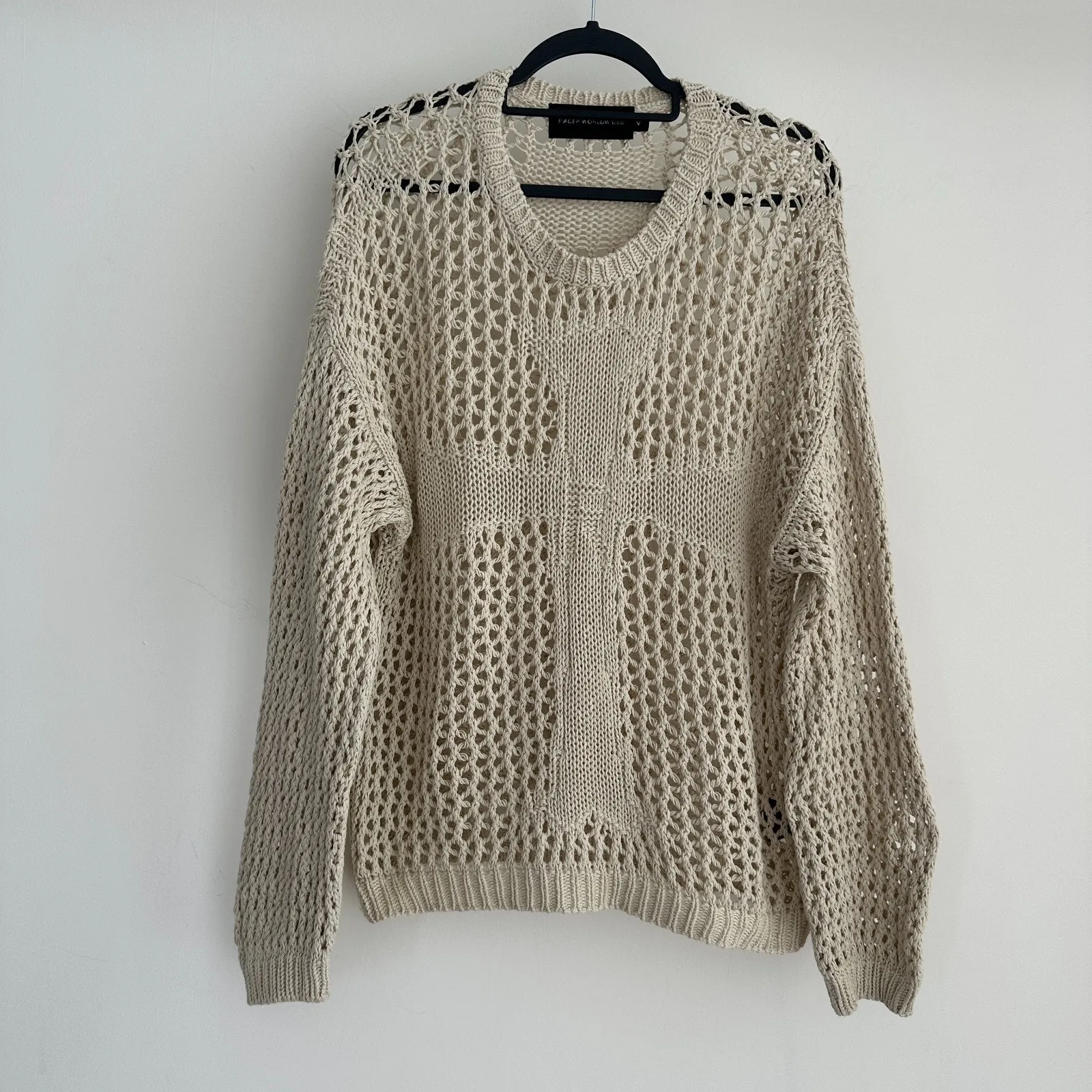 Racer Worldwide Cross Net Sweater Womens Medium Beige Cream Crochet Open Knit - Image 2