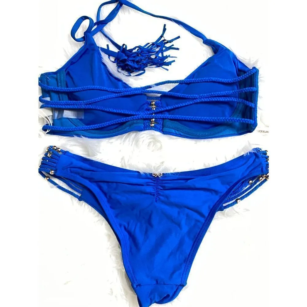 New. Pilyq bright blue braided bikini set. - Image 11