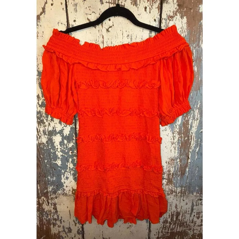 Olivaceous Off the Shoulder Ruffle Dress, Short Sleeves, size Medium, red orange - Image 5