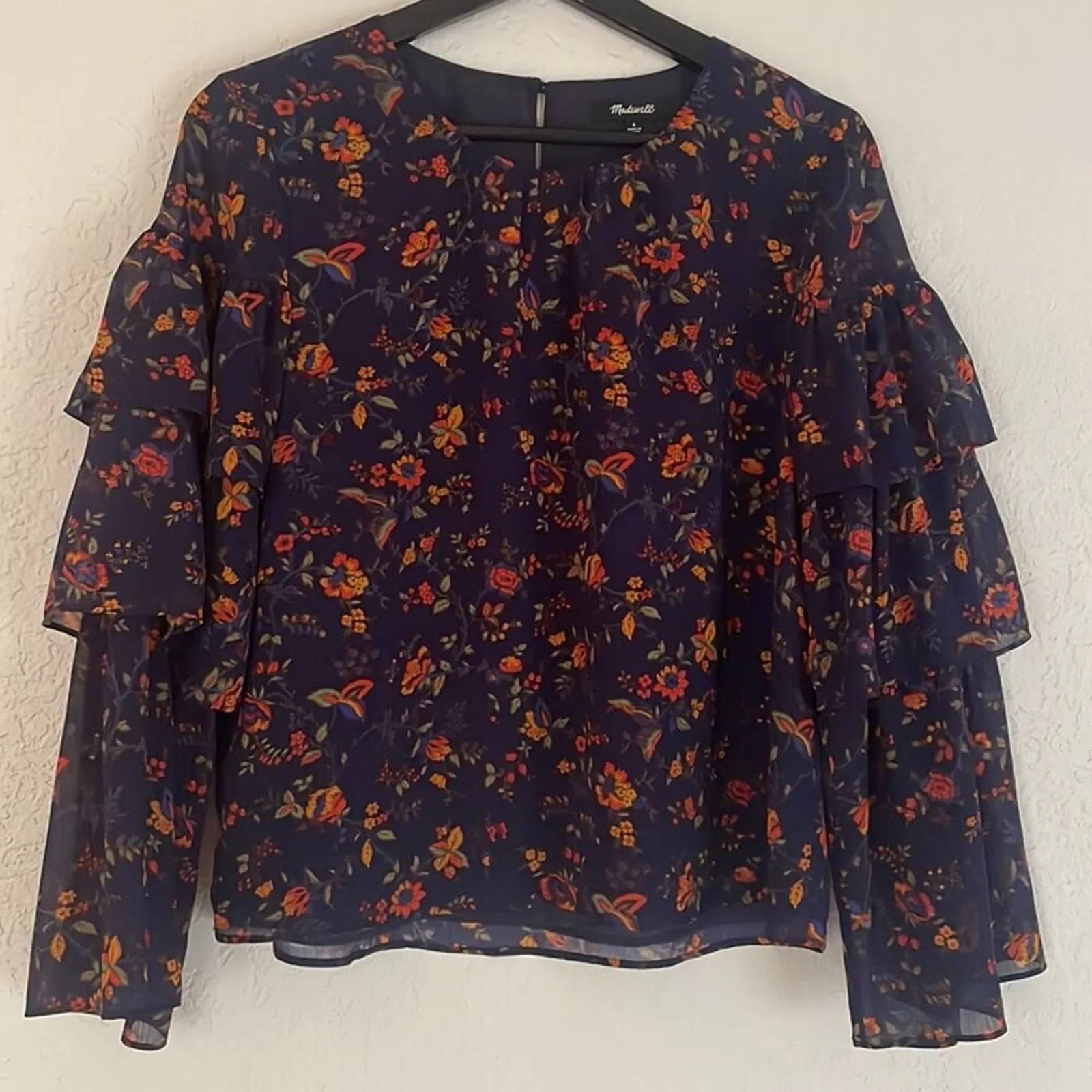 Madewell Ruffle Tiered Floral Peasant Top Boho Vines Blue Blouse Feminine Fall - Image 2