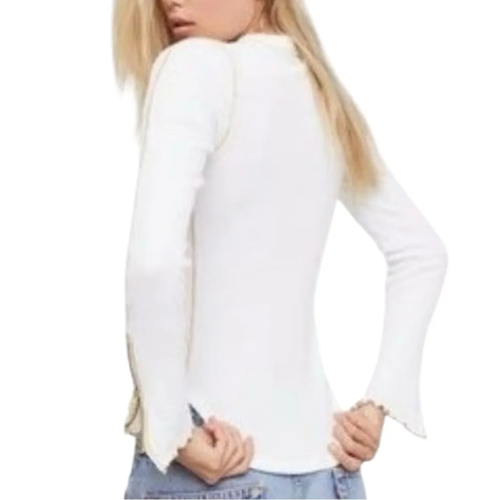 Free People Women’s Size XS White Gold Zipper Cuff Thermal Crewneck Top Shirt - Image 4
