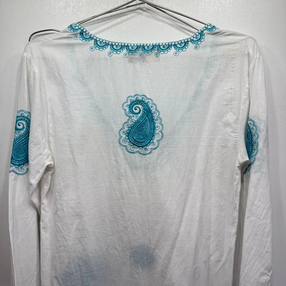 Bag Lady Mudpie White Tunic Swimsuit Cover Up Teal Embroidered Paisley Floral Size M - Image 10
