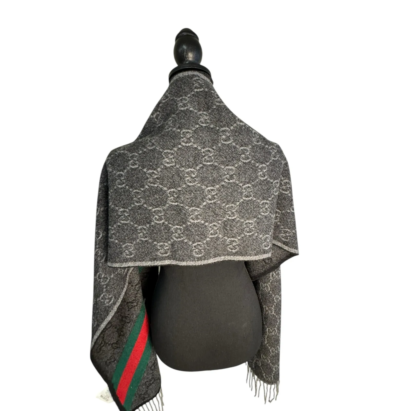 Gucci NWT Nikky Wool GG Monogram Web Stripe Scarf in Grey - Image 13