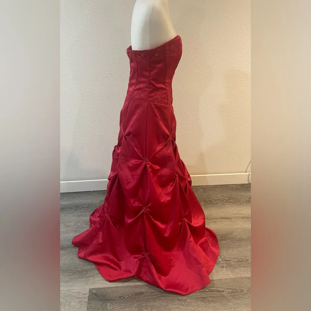 Y2K Blondie Nites Style 50124J Ruby Red Satin Gown - Beaded Pick-Up Skirt - Image 3