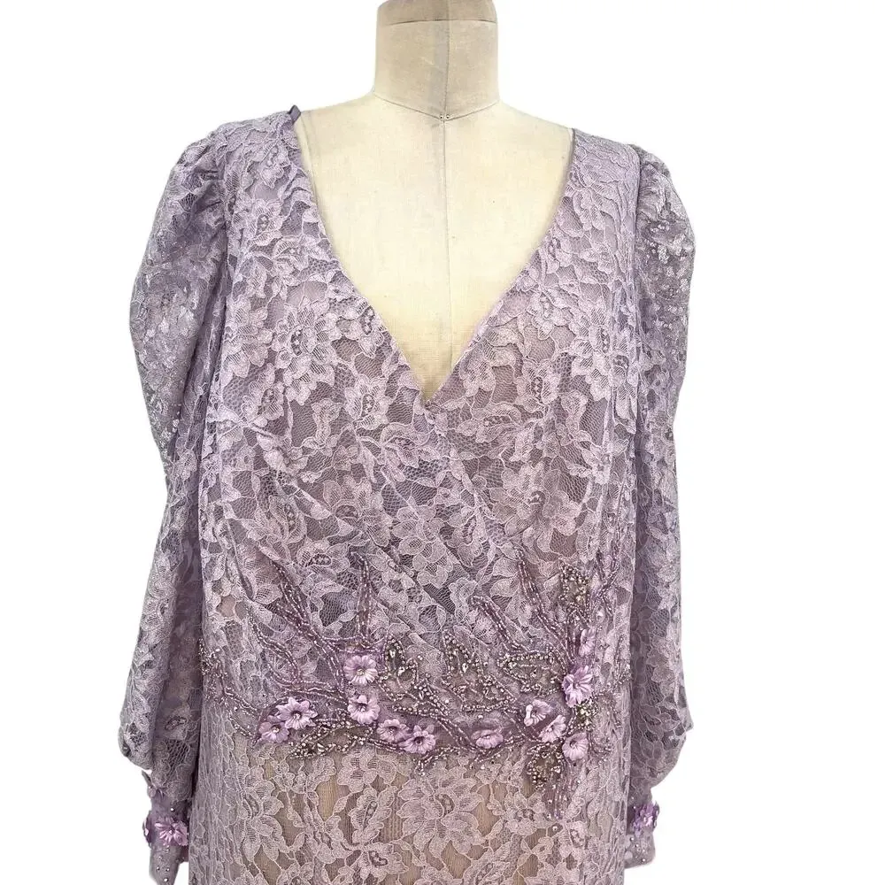 Mac Duggal Beaded Detail Lace Long Sleeve Gown Vintage‎ Lilac Size 18 - Image 3