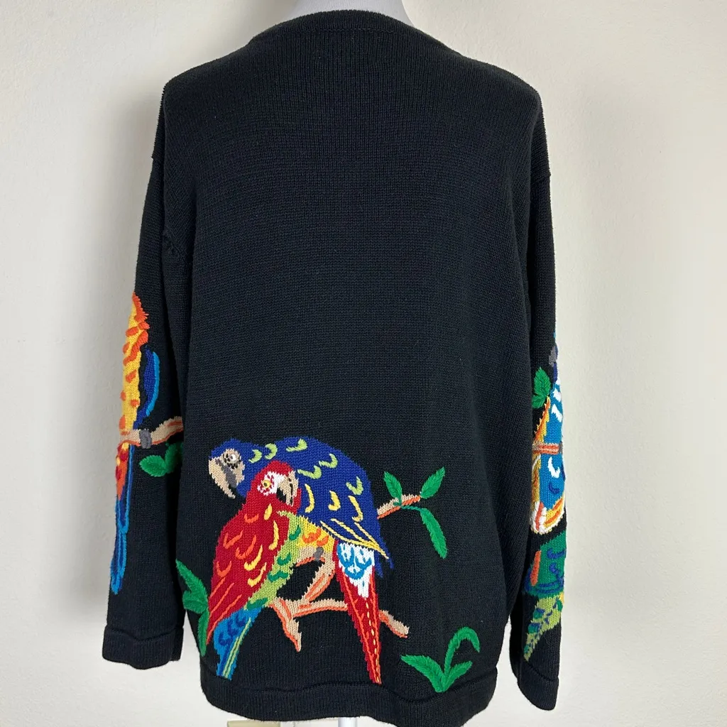 QUAKER FACTORY Vintage Black Parrot Sweater Cardigan Size 1X - Image 2