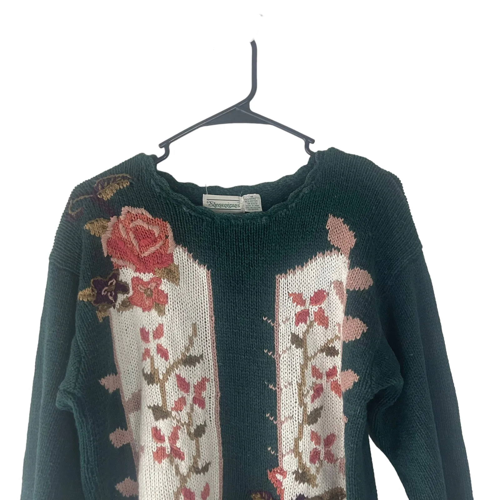 Shenanigans Vintage 90s Women's Size Medium Rose Floral‎ Crochet Green Sweater Black - Image 2