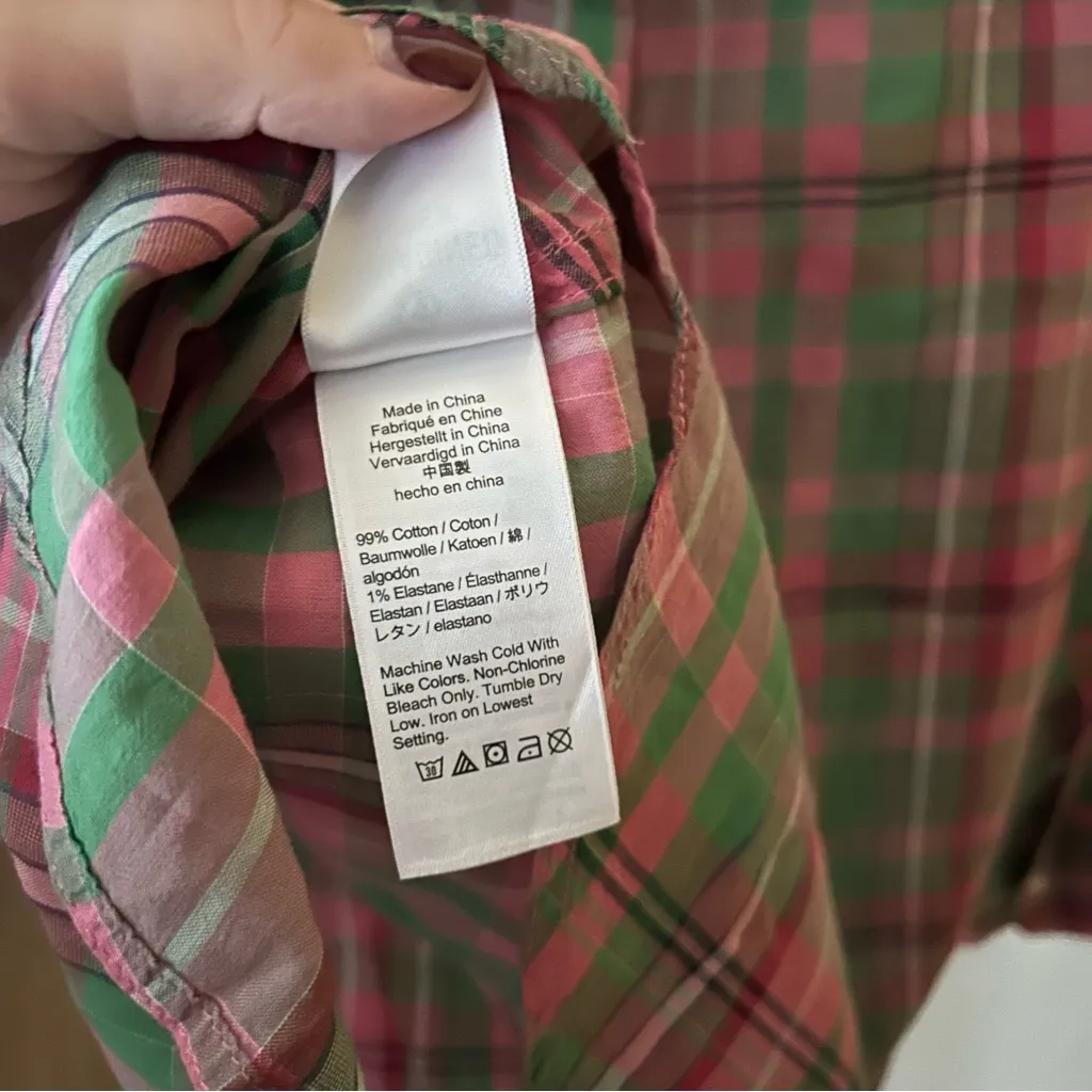 J. Crew Classic-fit Popover In Crinkle Plaid Blouse Pink Green Cotton Top Size 6 - Image 7