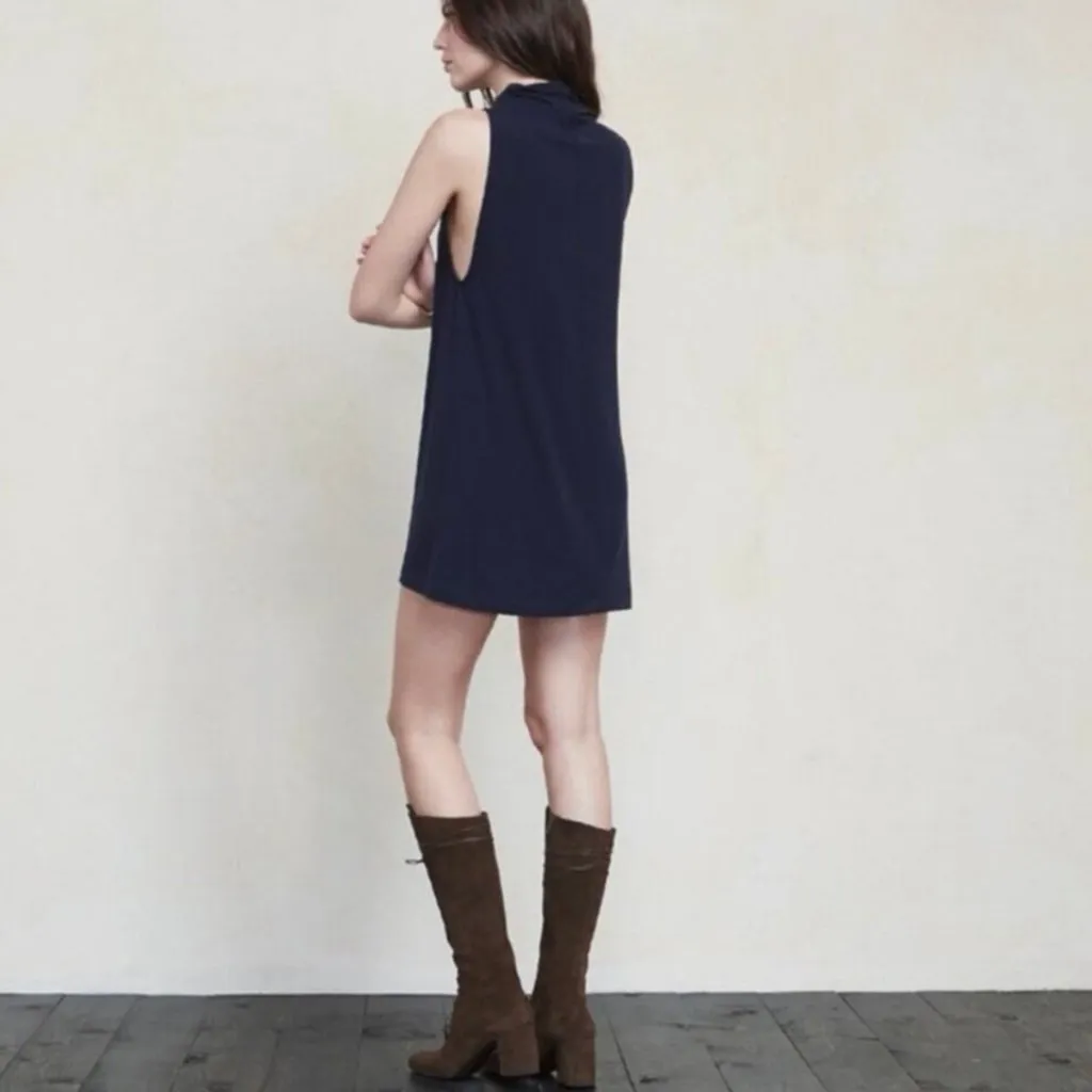 Reformation navy blue ribbed turtle neck mini dress knit stretch size XS O47 - Image 3