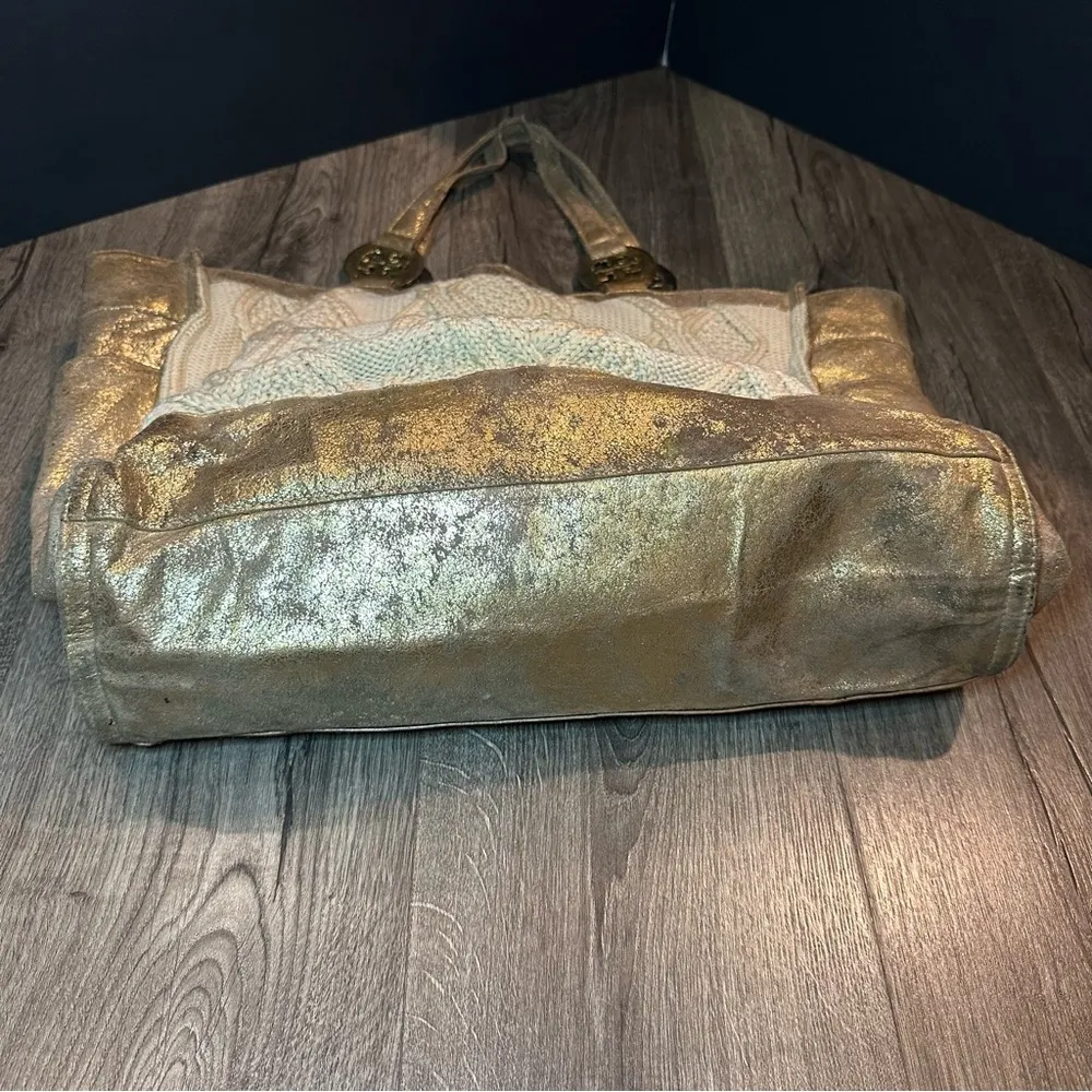 TORY BURCH Tote Bag Cable Knit METALLIC GOLD TRIM Wool Silk Lining Horse READ! - Image 11