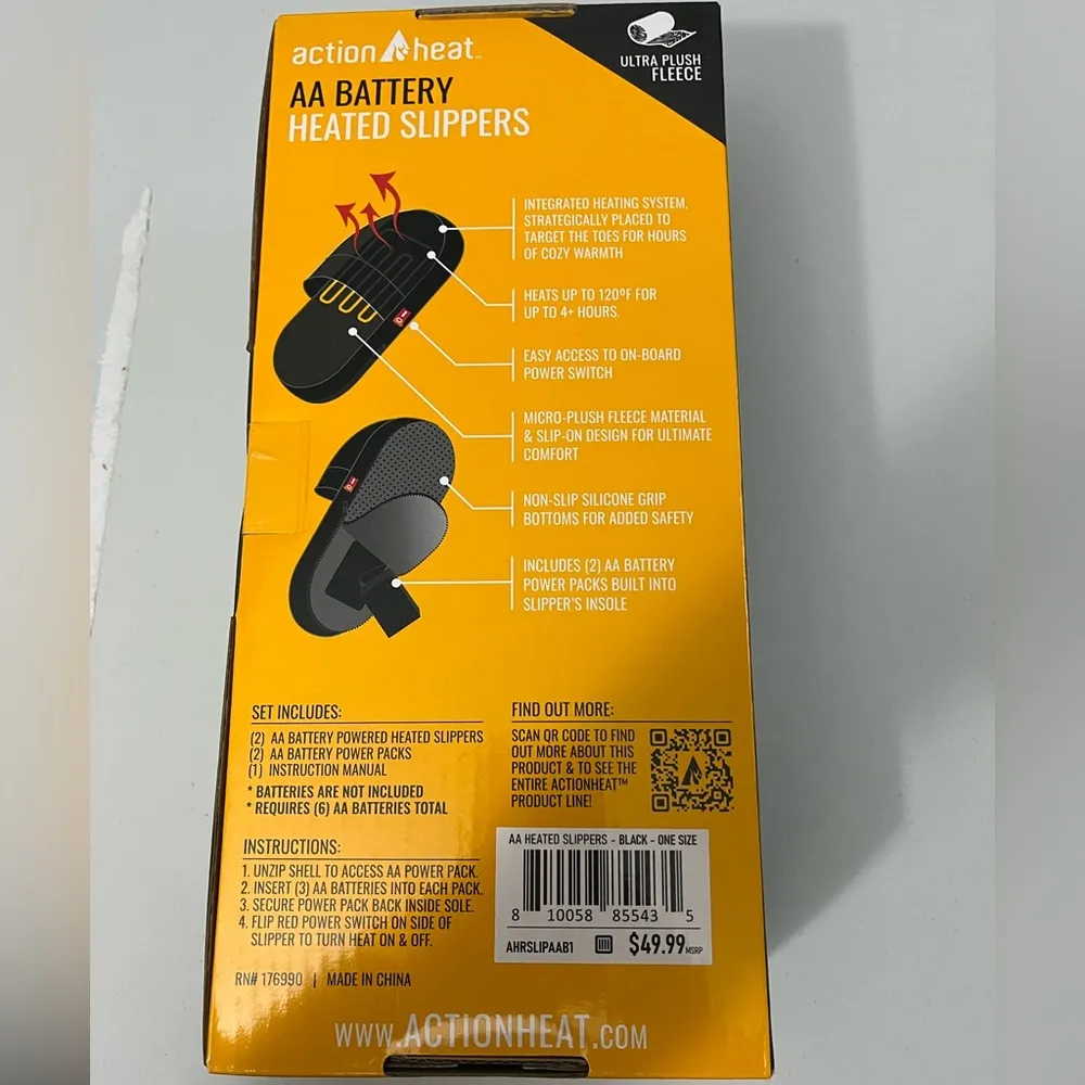 ActionHeat Heated Slippers Unisex OS Plush Fleece Winter AA Battery 4 Hours Black Size undefined - Image 3