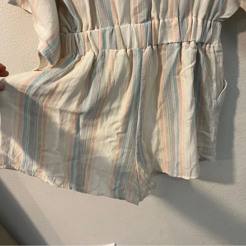 VICI Gauzy Pastel Striped Tie-Front Deep V Neck‎ Dolman Sleeve Romper Size XS - Image 6