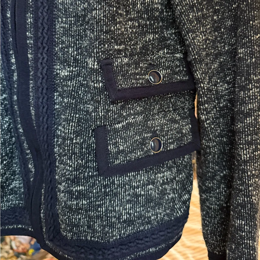 Talbots Tweed Knit Blazer Braided Trim Full Zip Navy White - Image 4