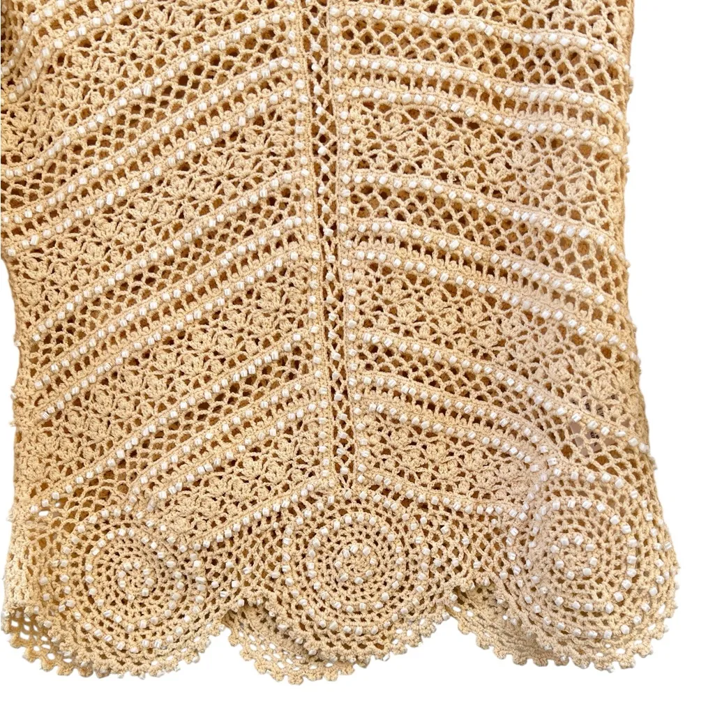 Escada Vintage Rare Beige Cream Crochet Beaded Short‎ Sleeve Wool Blend Shirt 36 Tan - Image 4
