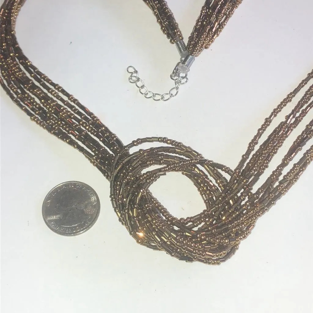 Boho Bronze Metallic Seed Bead Beaded Multi Strand Statement Necklace - Image 3