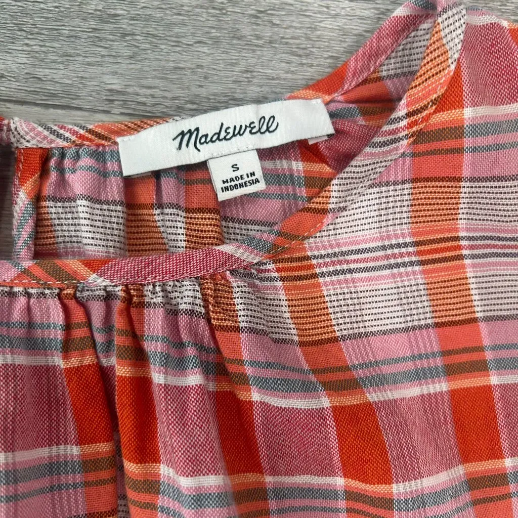 Madewell Orange Pink Plaid Shirred Neck Boxy Top Short Sleeve R17 - Image 3