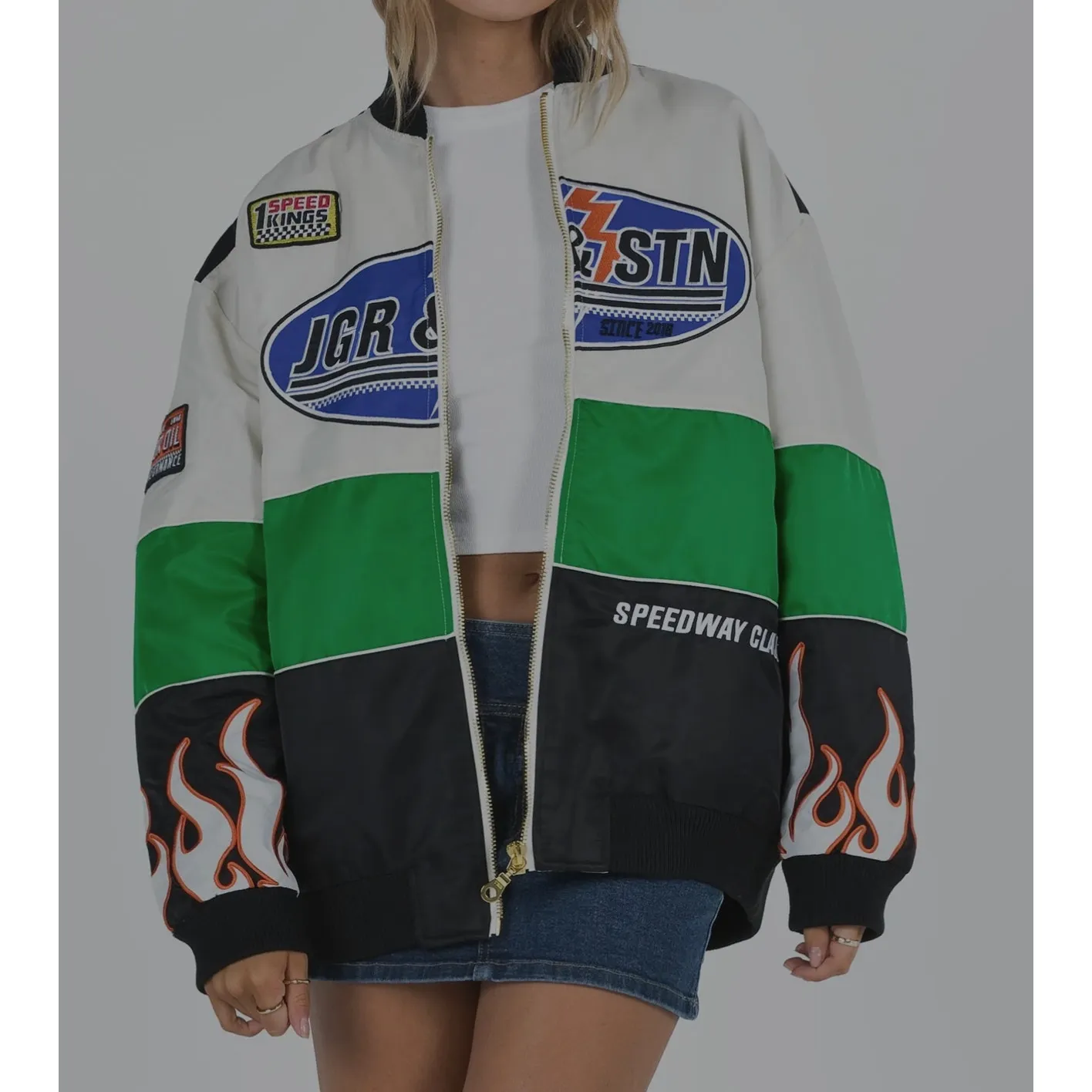 Jagger and Stone Axel Moto Bomber Oversized Jacket Size XS S in Black Green - Image 7