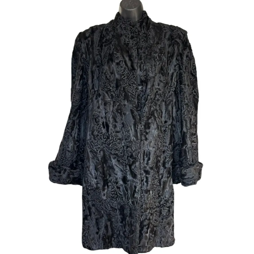 Vintage Custom Persian Lamb Broadtail Coat 1950s? Large? Bell Sleeves Mid Length Black - Image 13