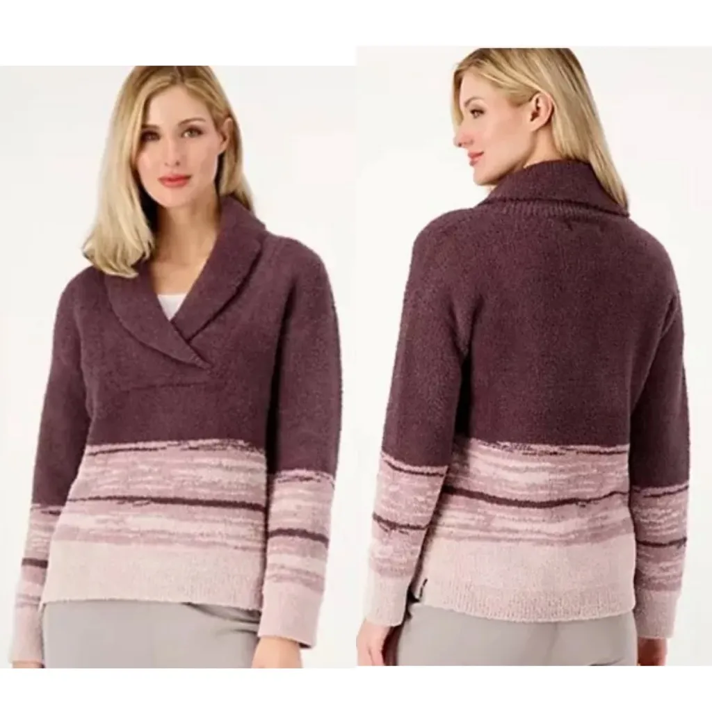 Barefoot Dreams CozyChic Shawl Collar Pullover Sweater Violet Faded Rose Medium - Image 2