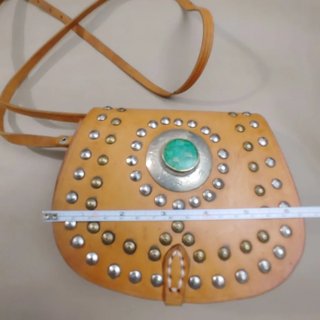 Small Leather Crossbody Bag Purse Hand Set Vintage Moon Boho Saddle Western Tan - Image 4