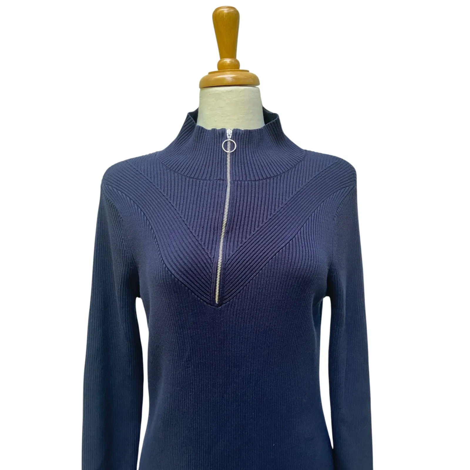 Sweaty Betty Frame Knitted MIDI Dress Sz NWT Navy Funnel Neck Ribbed Athleisure - Image 6