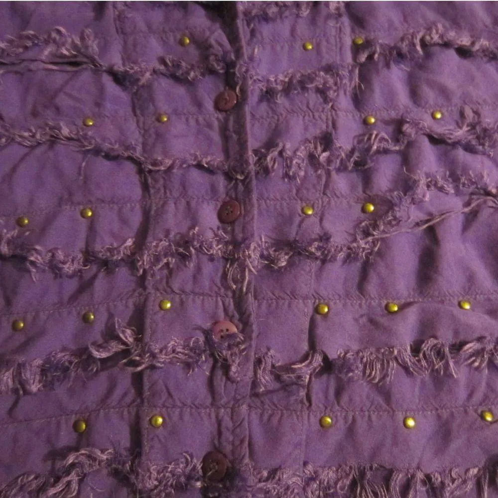 Boho Textured Fringe Button Shirt Studded Purple Rayon Top M - Image 6