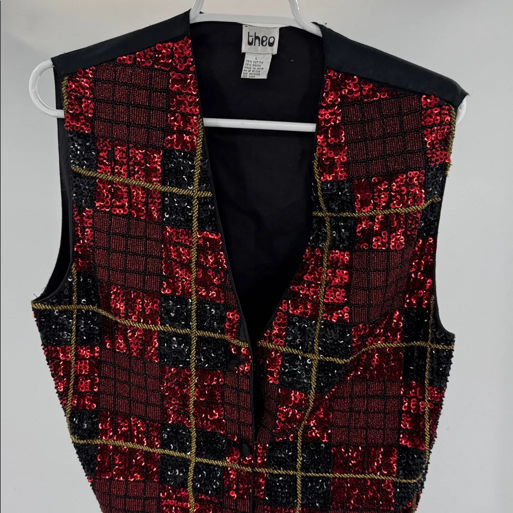 Theo Black Red Sequin Vest Dance Showbiz Bedazzled Jazz Theater holiday L Size L - Image 5