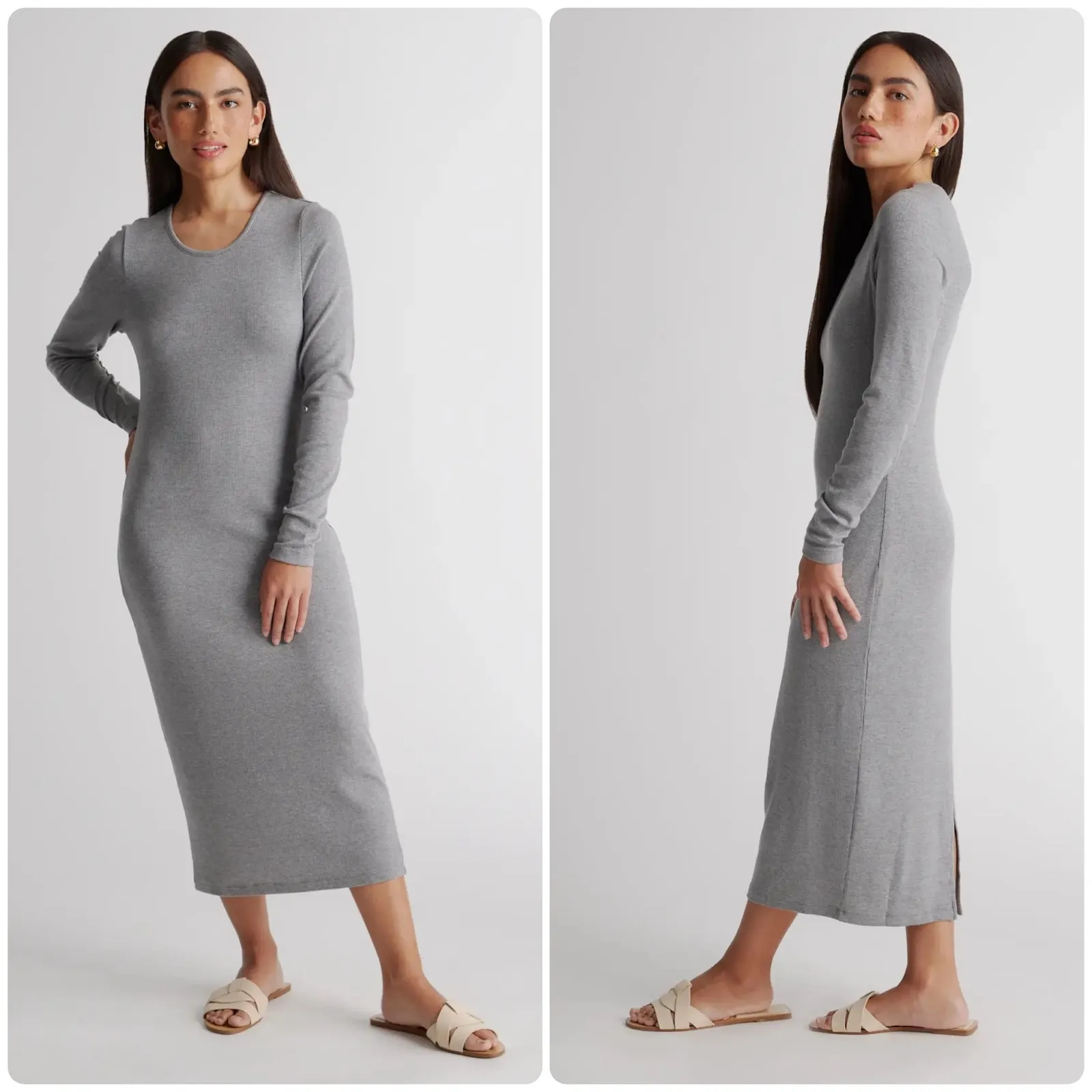 Quince Womens Soft Tencel Rib Knit Long Sleeve Midi Lounge Dress Size XS Gray‎ - Image 2
