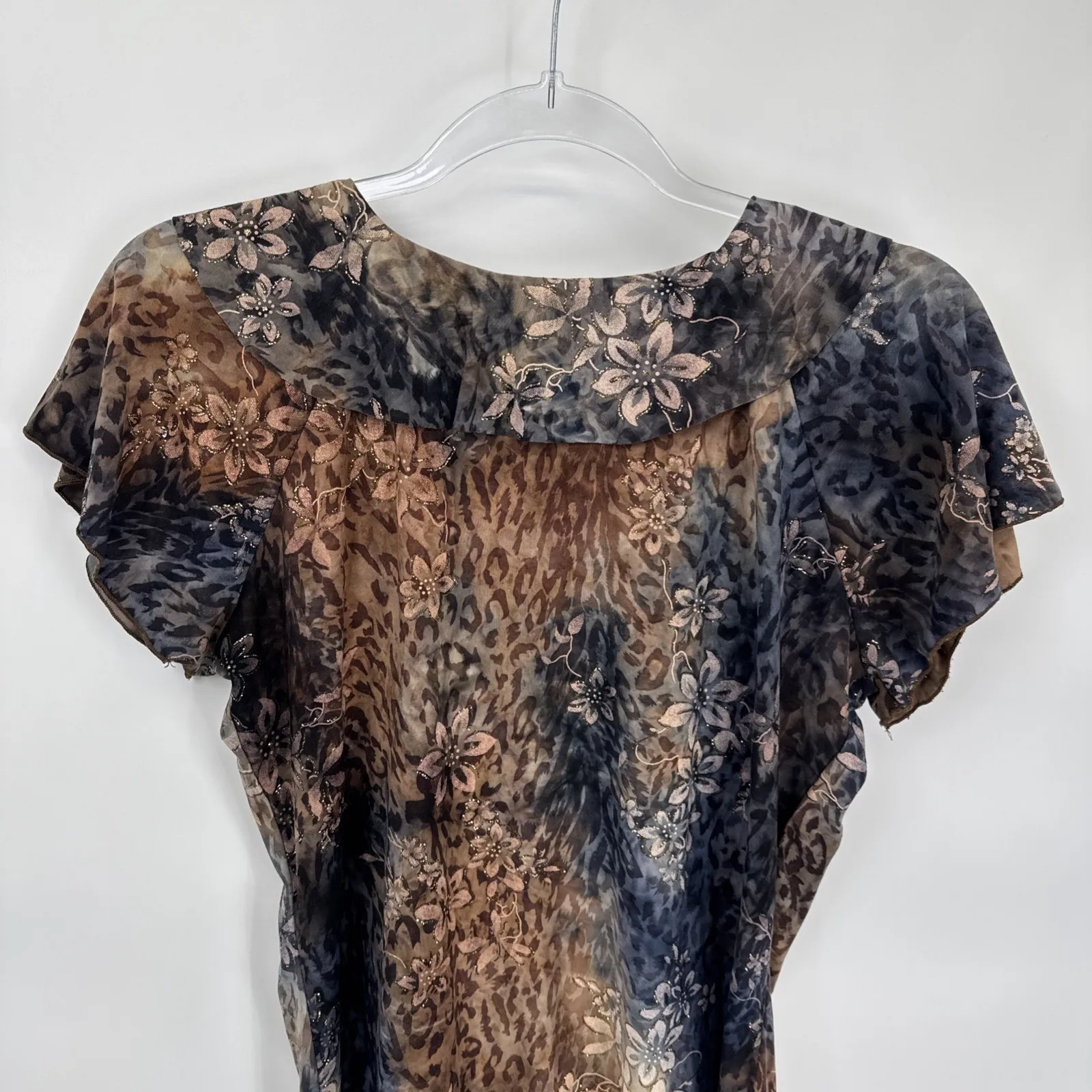 Vintage Y2K Dressbarn Top Womens Medium Brown Gray Grunge Fairy Ruffle Sparkle - Image 9