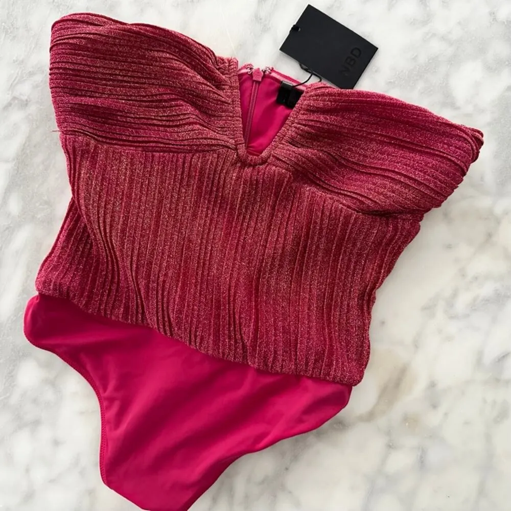 NBD Revolve Phoibe Bodysuit Fuchsia Pink NEW Small Glitter Strapless Party Glam - Image 2