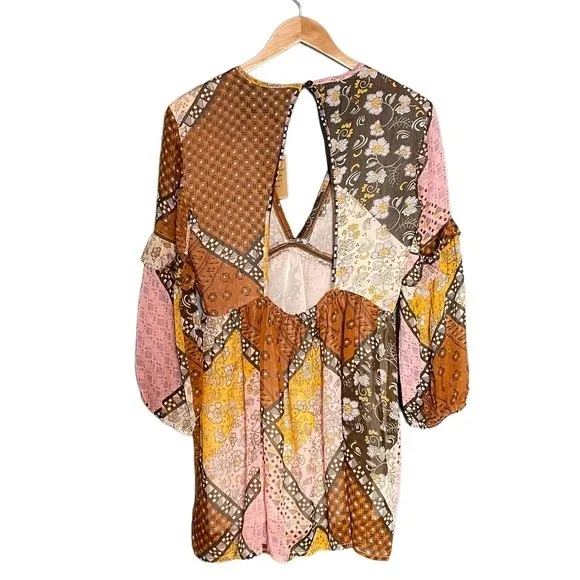 NWT Raga Dress Jenya Retro Patchwork Mini Brown Multi Size XS NEW Boho Bohemian - Image 4