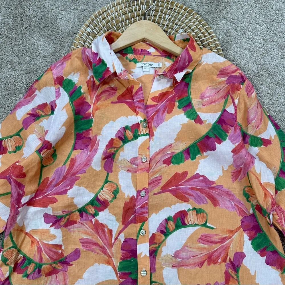 Chico’s No Iron 100% Linen 3/4 Sleeve Shirt Feather Fiesta Multicolor 2.5/US 14 - Image 4