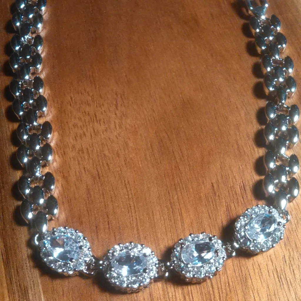 Simulated Blue and White Diamond Silvertone Brass Bracelet - Image 12