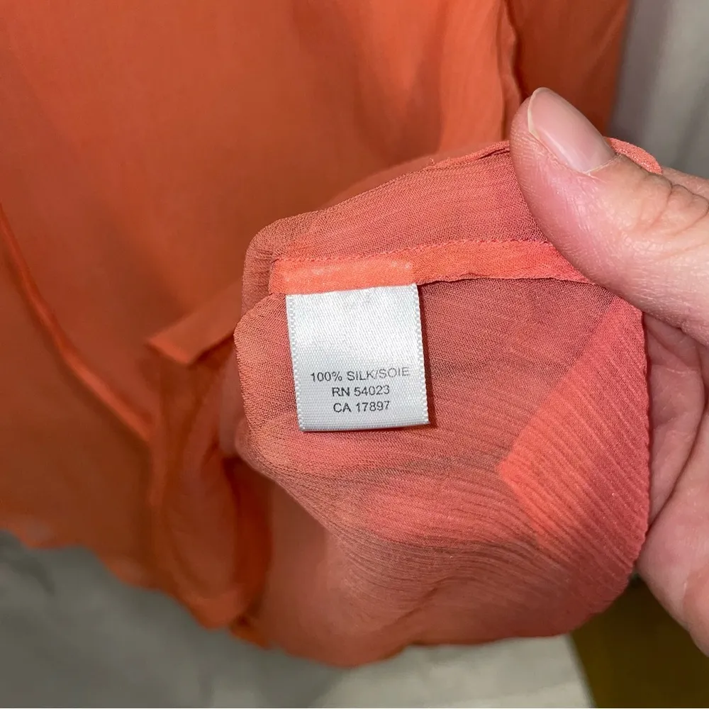 Gorgeous Y2K peach sheer silk boho ruffle sleeve tie neck blouse Banana Republic - Image 3