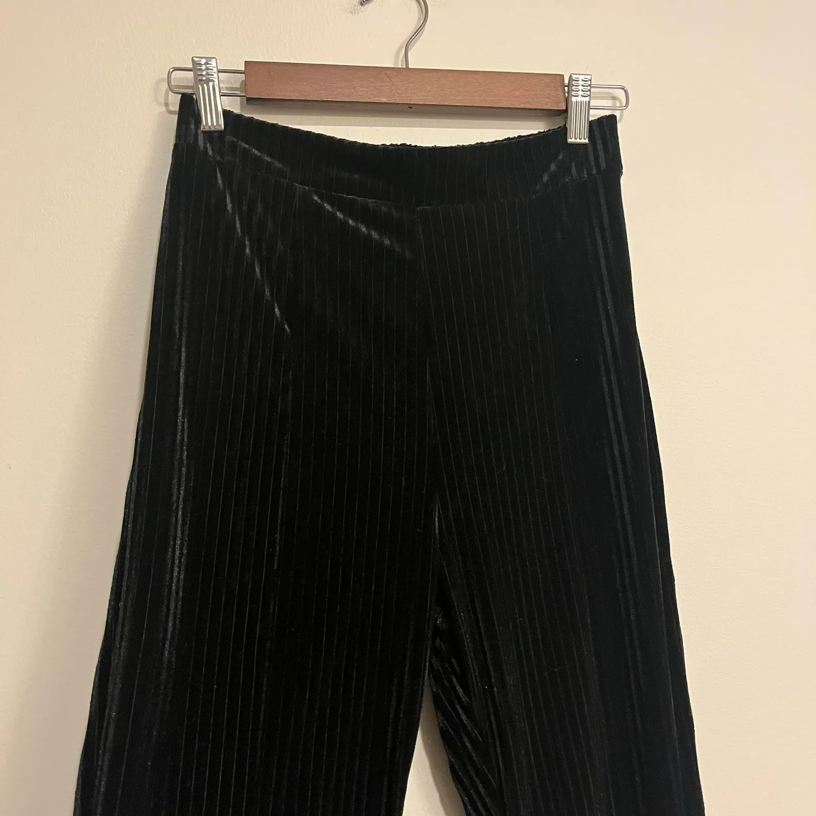 Black Corduroy Velvet Ribbed Flare Leggings Pants Elastic Waist Medium Dressy - Image 2