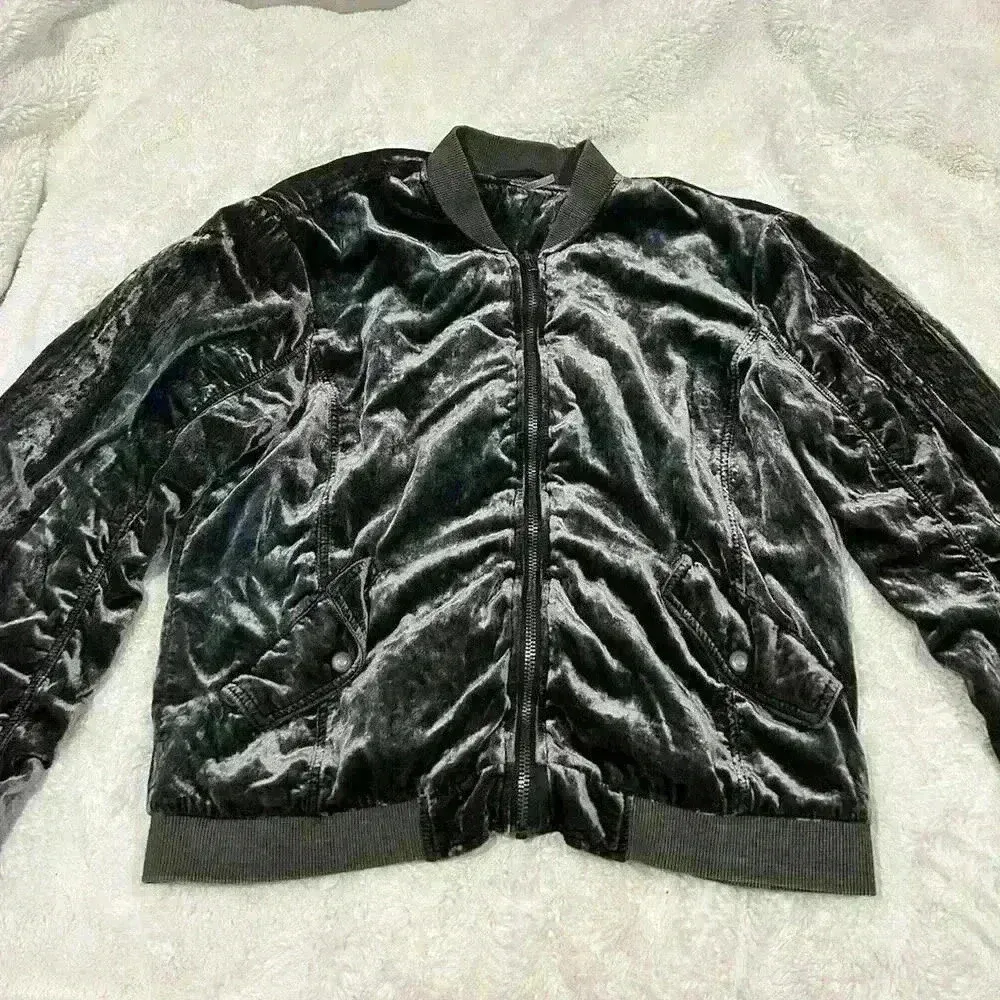 Free People Ruched Plush Velvet‎ Bomber Jacket Medium Gray Draped Zip Front - Image 2