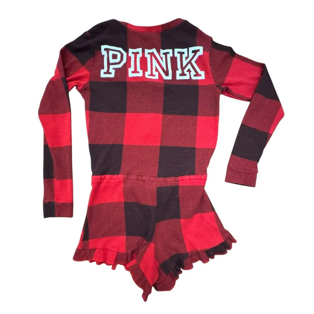 PINK Victorias Secret Red Black Plaid Long Sleeve Romper Medium One-Piece Pajama - Image 5