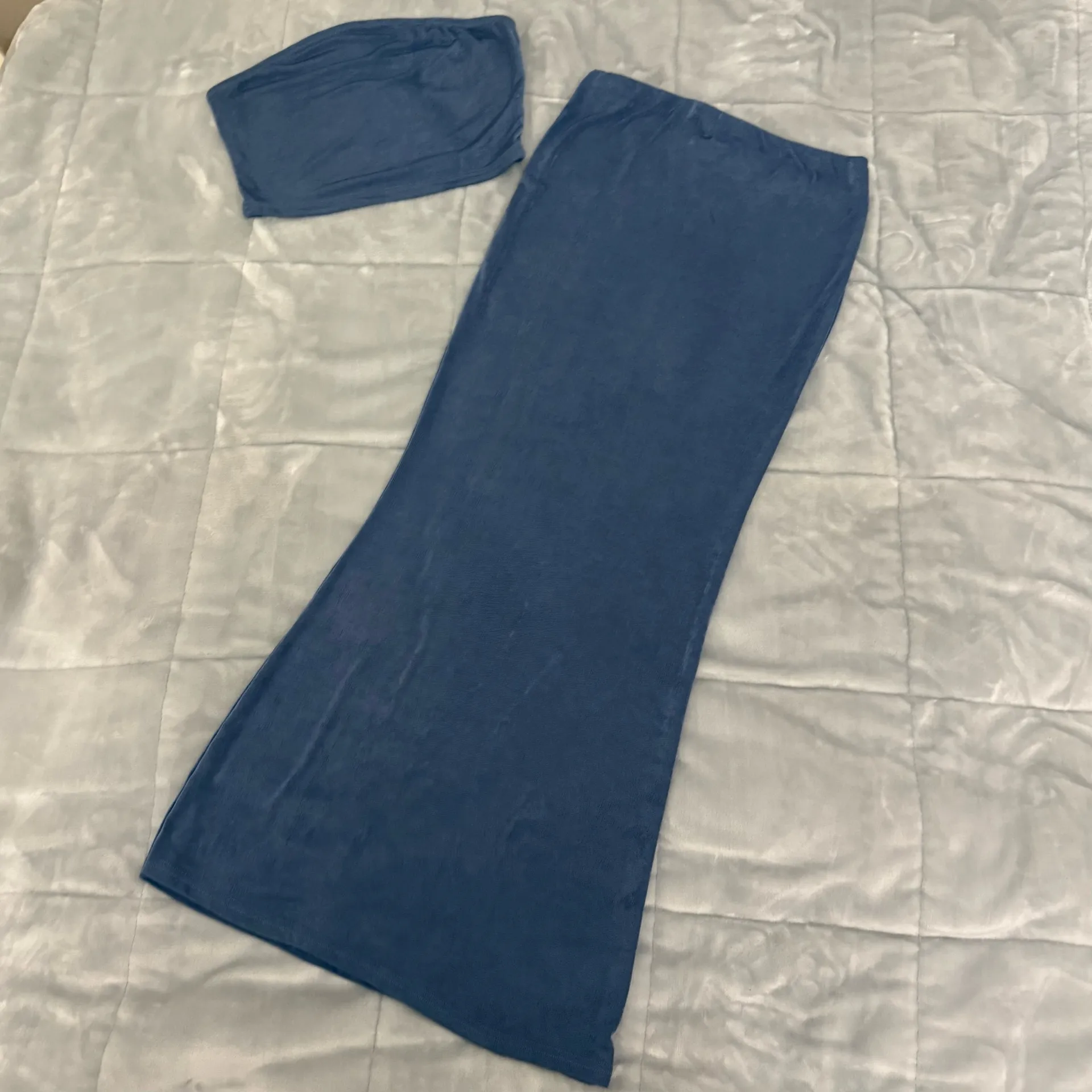 Blue Gray Matching Skirt Set Tube Top and Maxi Skirt - Image 3