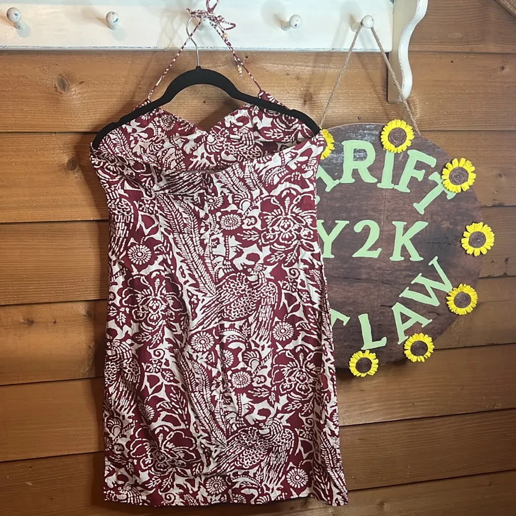 Vintage Y2K Old Navy Floral Halter Vacation Mini MIDI Dress Hawaiian Cotton Red Size 8 - Image 4