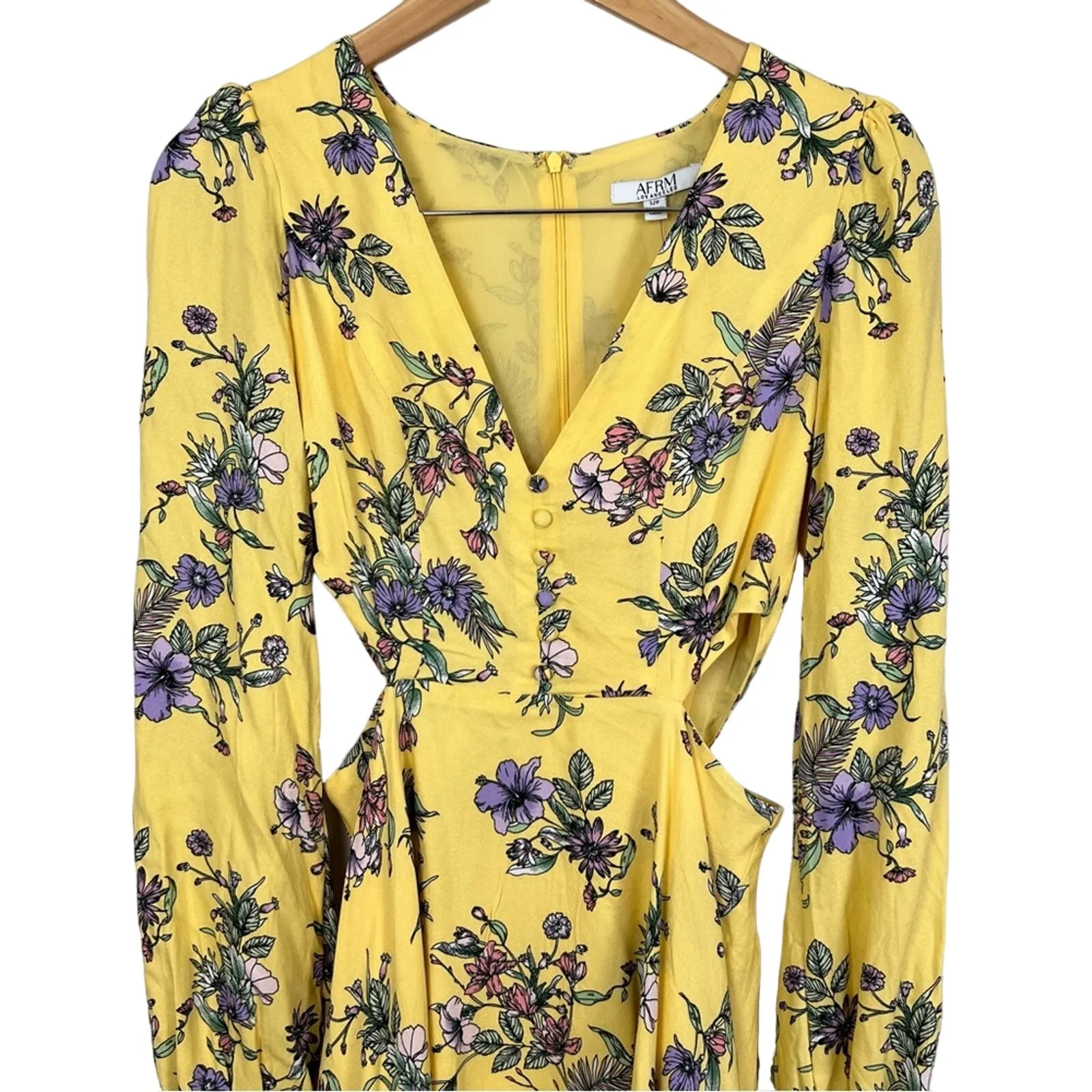 AFRM Button Down Long Sleeve Garden Floral Mini Cutout Dress Yellow Small NWT - Image 3
