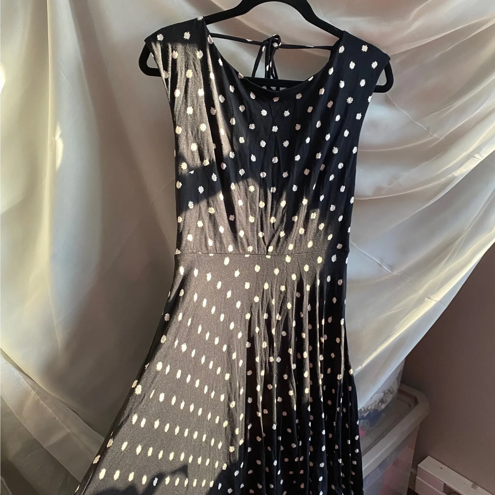 LOFT Polka Dot Fit Flare Black Midi Dress Small Dainty Glam Retro Twee Feminine - Image 2