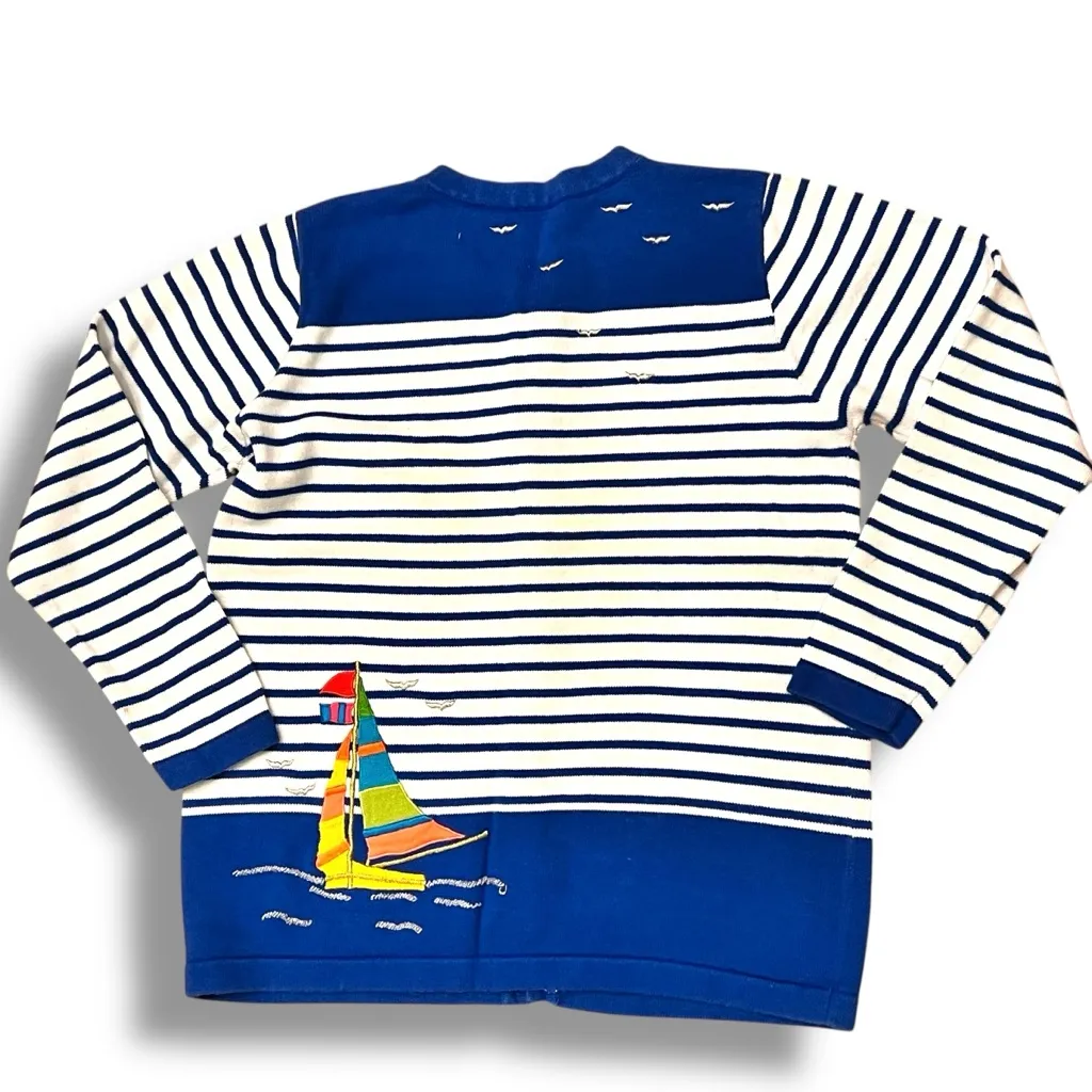 Quacker Factory Cardigan Sweater XL Embroidered Lighthouse Boats Beach Striped - Image 2