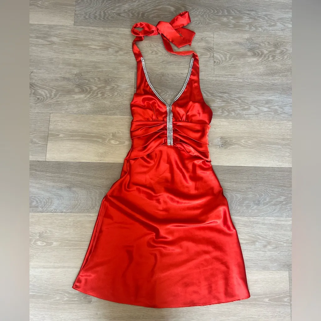Vintage Bora USA Red Satin Rhinestone Halter Dress – Y2K - Image 6