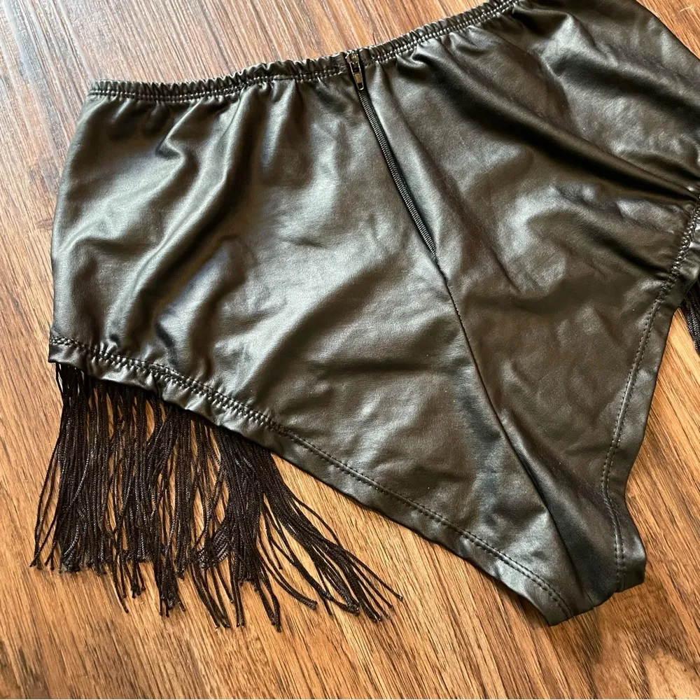 Body Rage Black Faux Leather Fringe Bikini Cut Bottoms Shorts Sz Large - Image 8