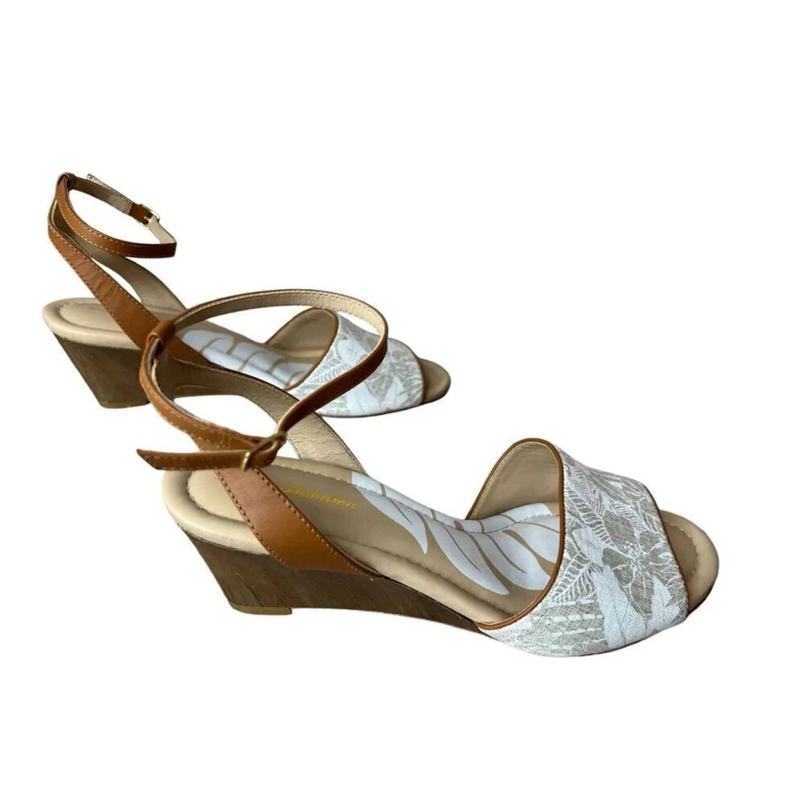 Tommy Bahama Ivy Walk Cream‎ Canvas Leather Cream Wedge Shoes Sandals 10 - Image 3