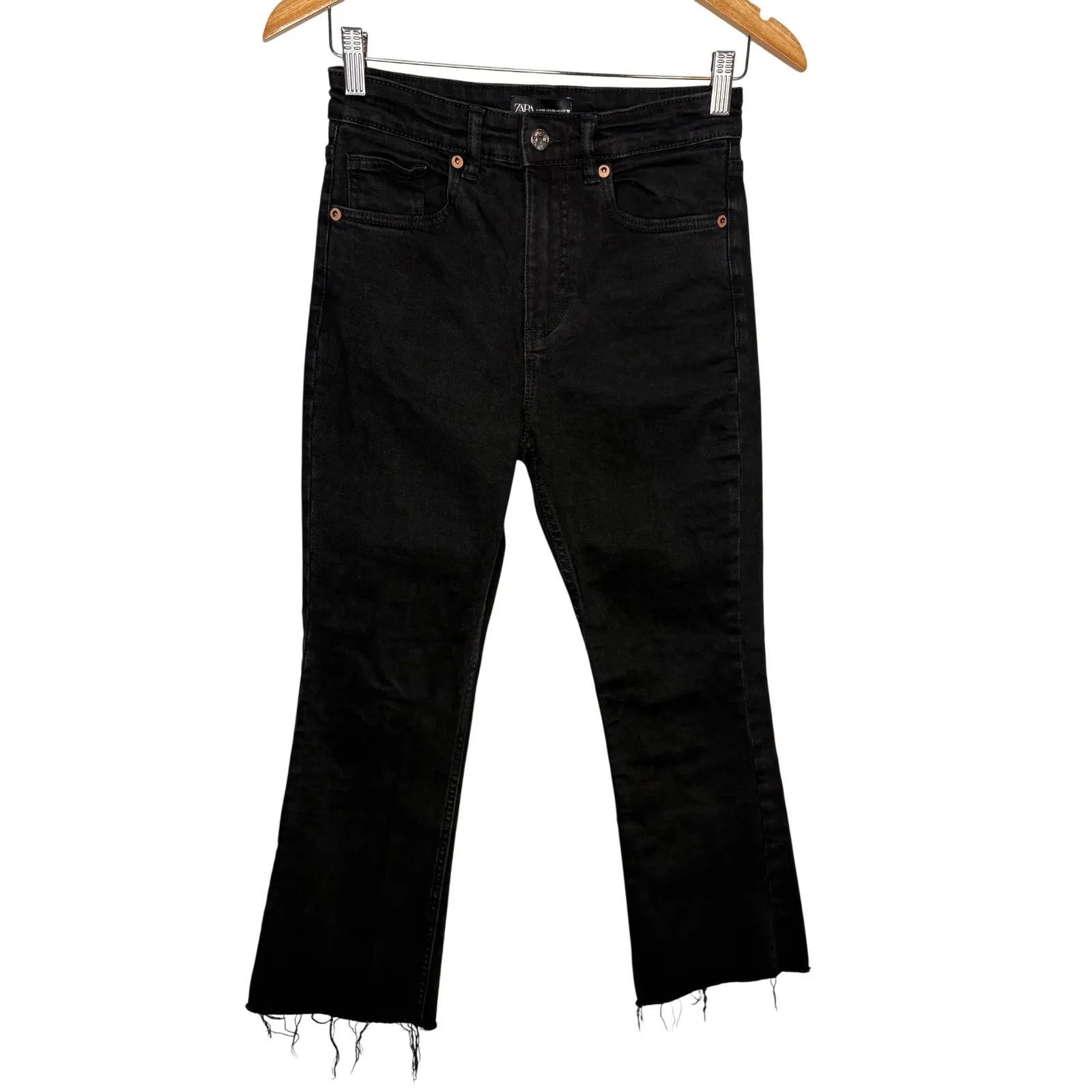 ZARA Black High Rise Cropped Flare Raw Hem Jeans Women Size 6 - Image 2